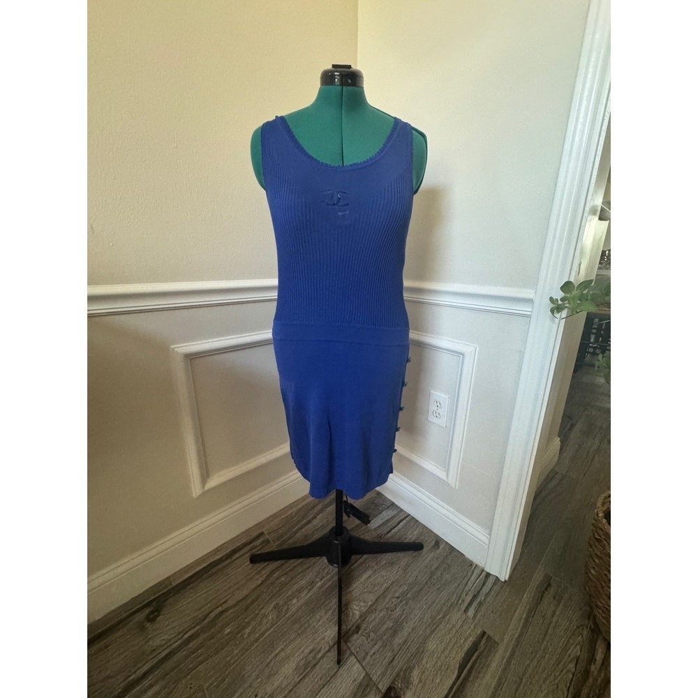Chanel Vintage Blue Ribbed Knit CC Logo Lion Button Dress US 6/8 EU42 Luxury - Picture 14 of 16